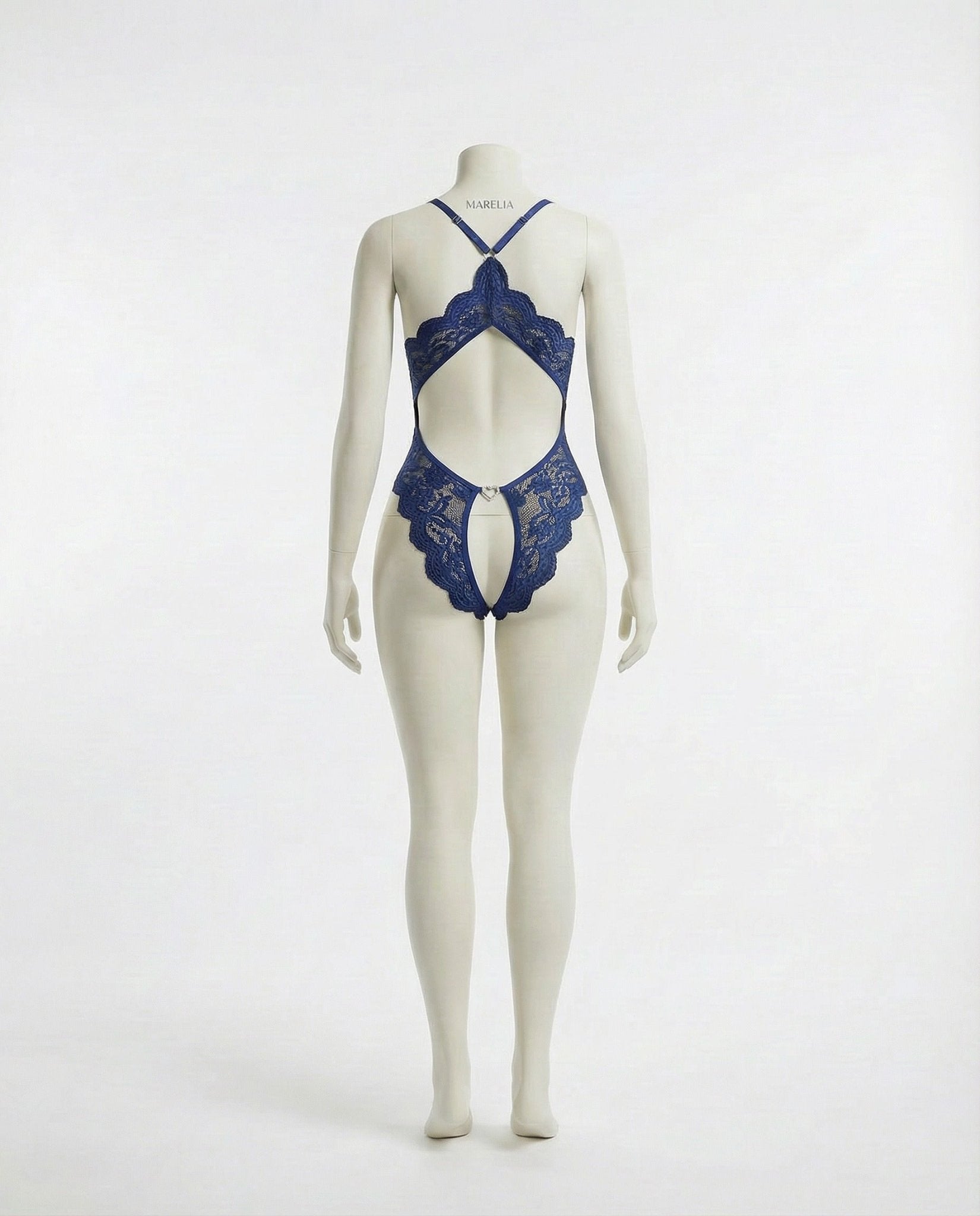 Navy Lace Halter Crotchless Teddy With Open Back - MARELIA