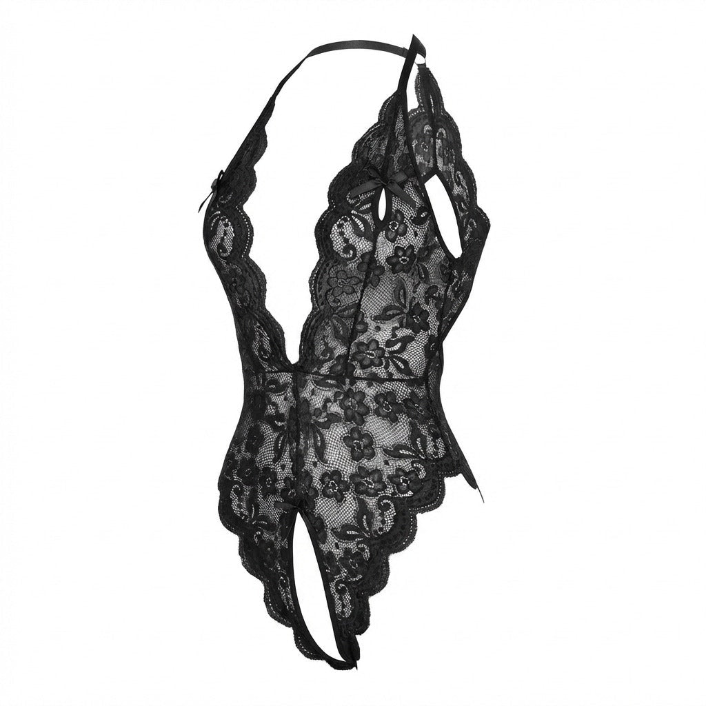Black Lace Halter Crotchless Teddy With Open Back - MARELIA
