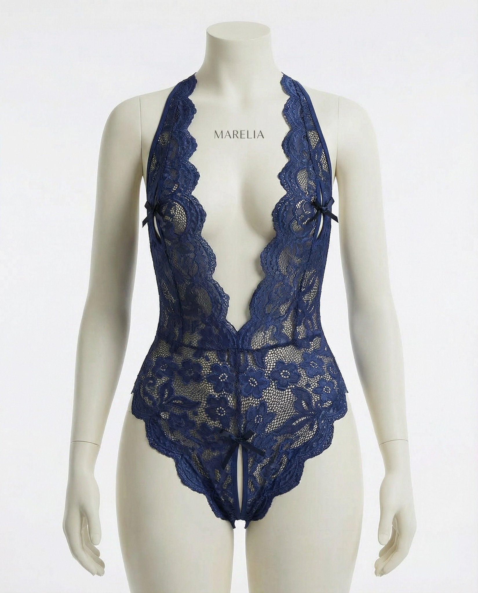 Navy Lace Halter Crotchless Teddy With Open Back - MARELIA