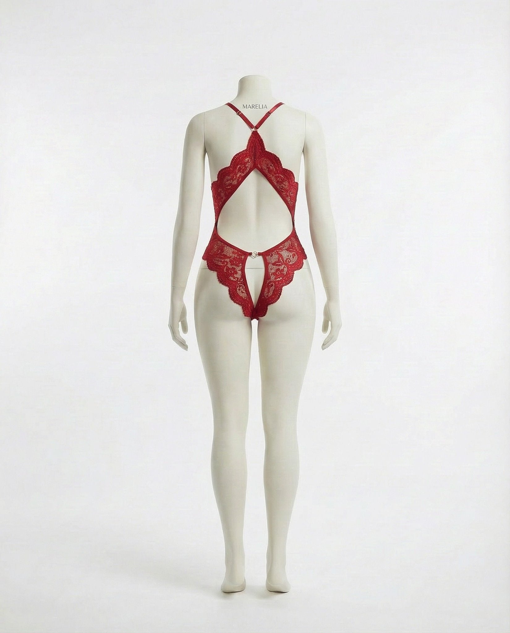 Burgundy Lace Halter Crotchless Teddy With Open Back - MARELIA