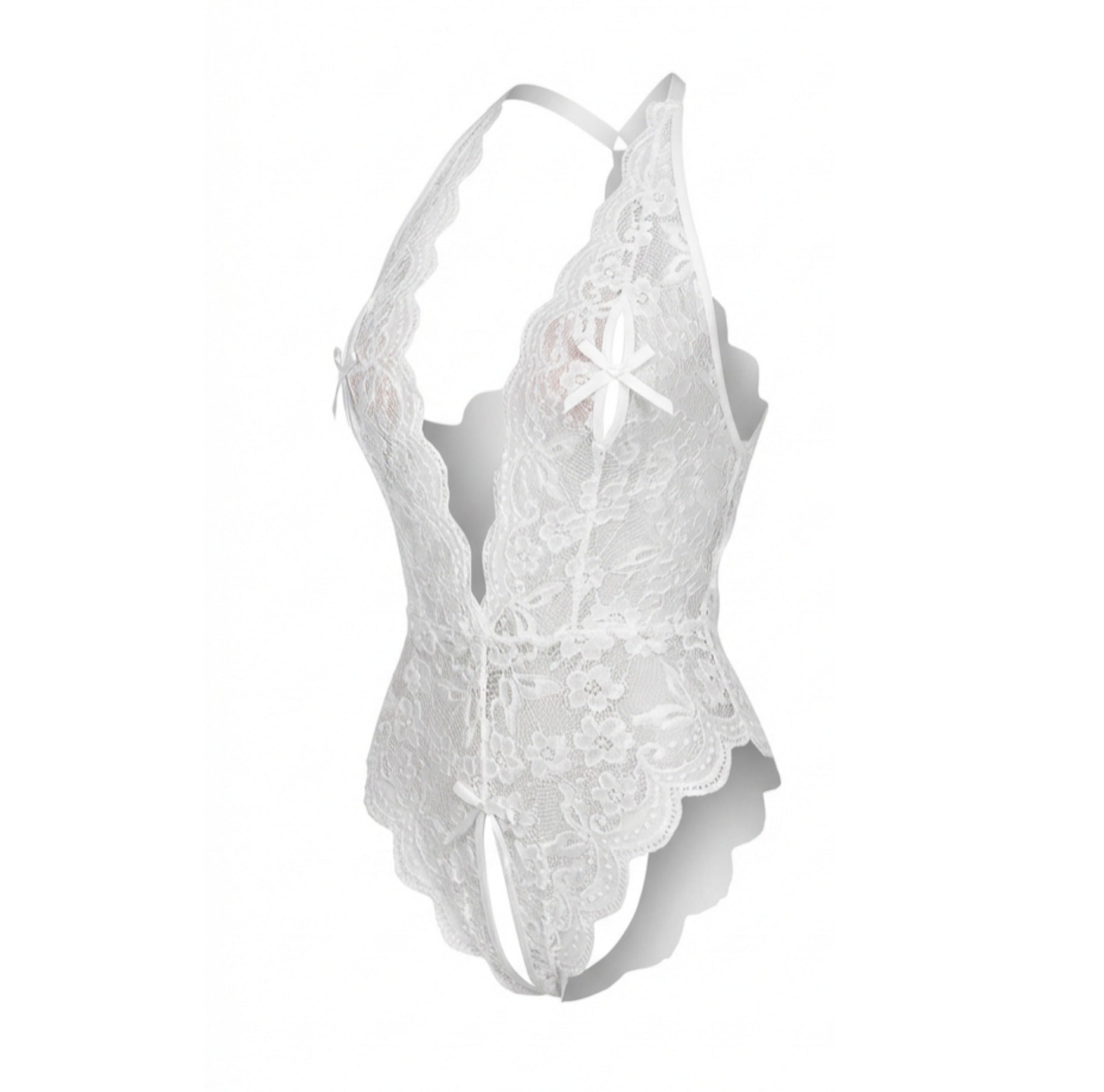 White Lace Halter Crotchless Teddy With Open Back - MARELIA
