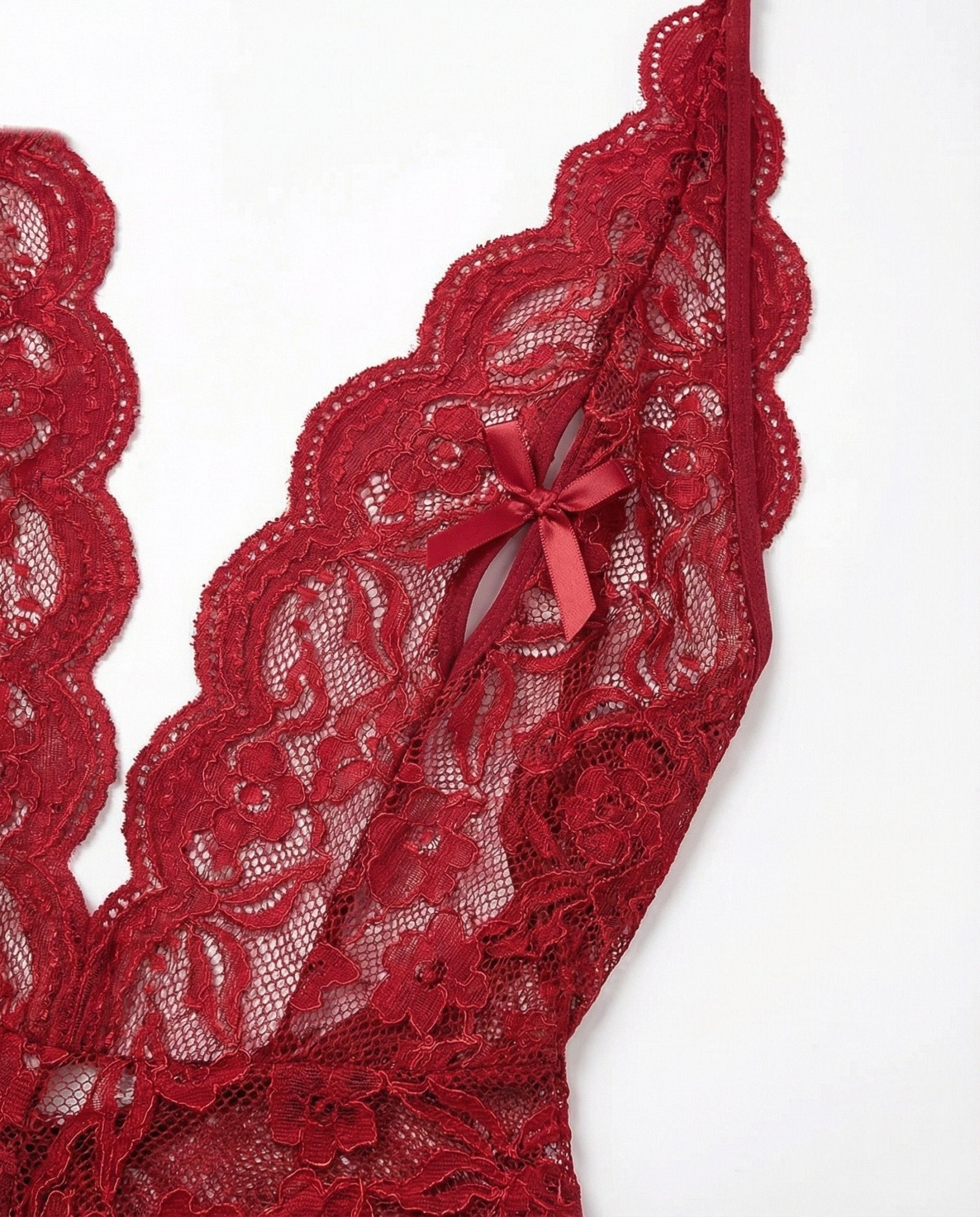 Burgundy Lace Halter Crotchless Teddy With Open Back - MARELIA