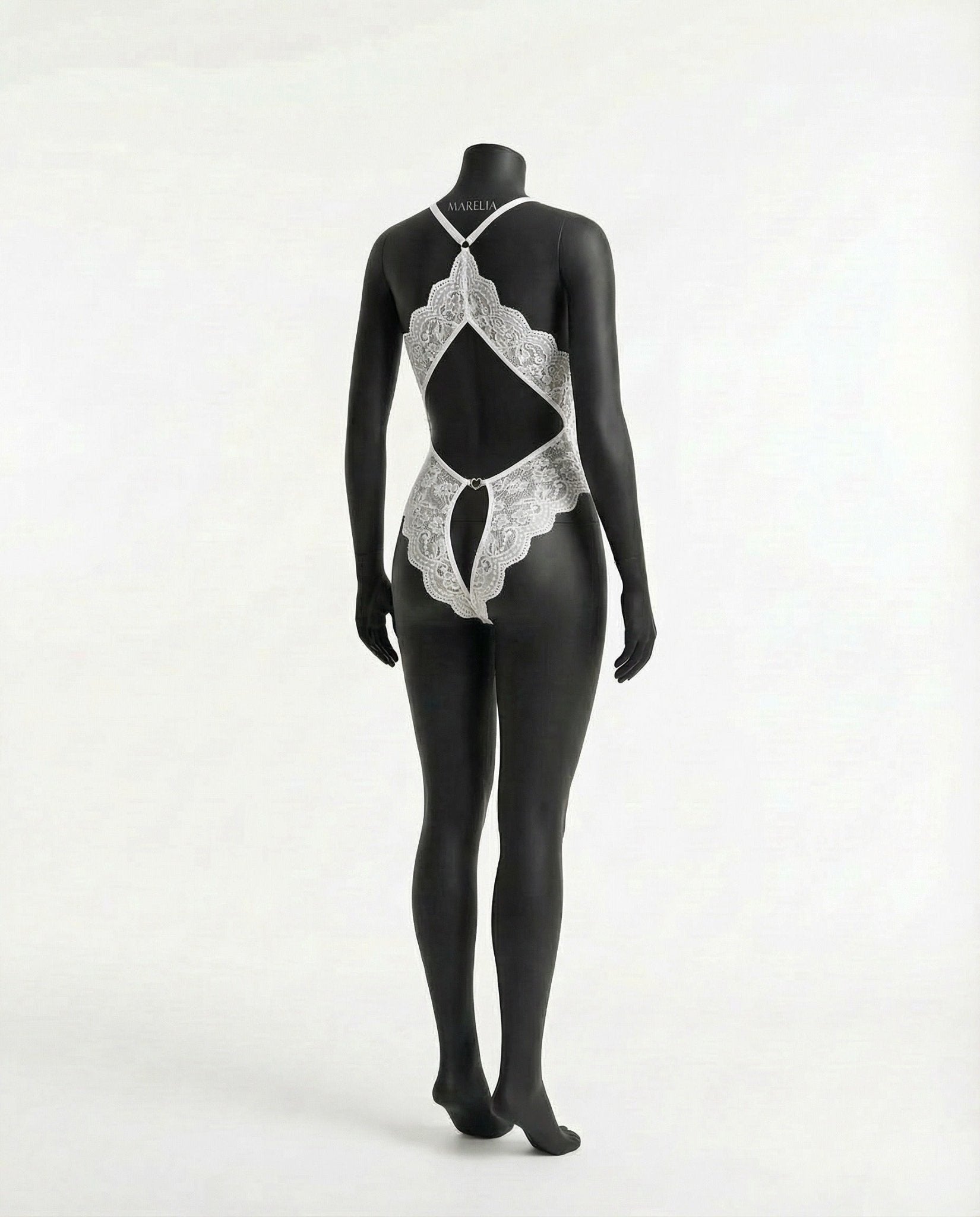 White Lace Halter Crotchless Teddy With Open Back - MARELIA