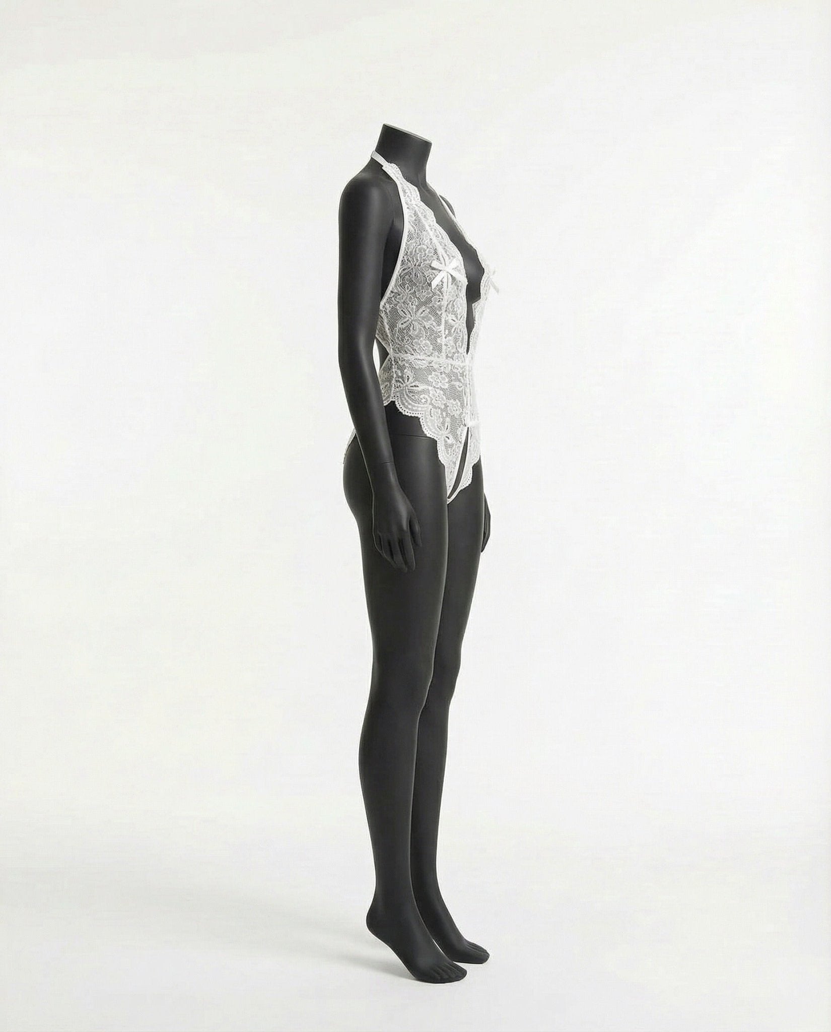 White Lace Halter Crotchless Teddy With Open Back - MARELIA