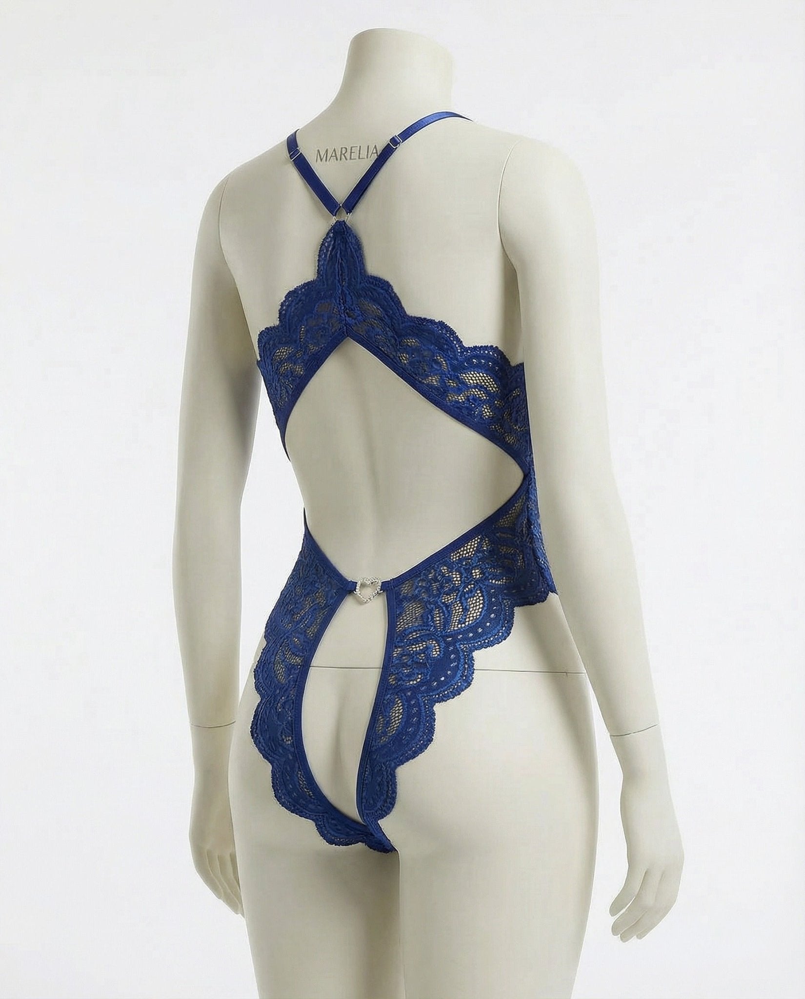 Navy Lace Halter Crotchless Teddy With Open Back - MARELIA