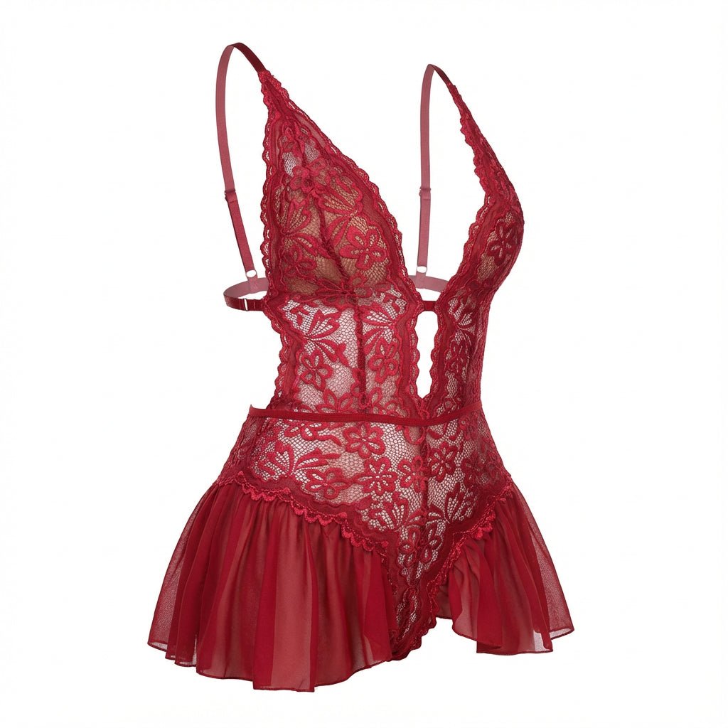 Burgundy Marelia - Lace Halter Teddy With Ruffle Skirt