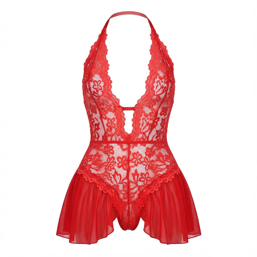 Red Marelia - Lace Halter Teddy With Ruffle Skirt