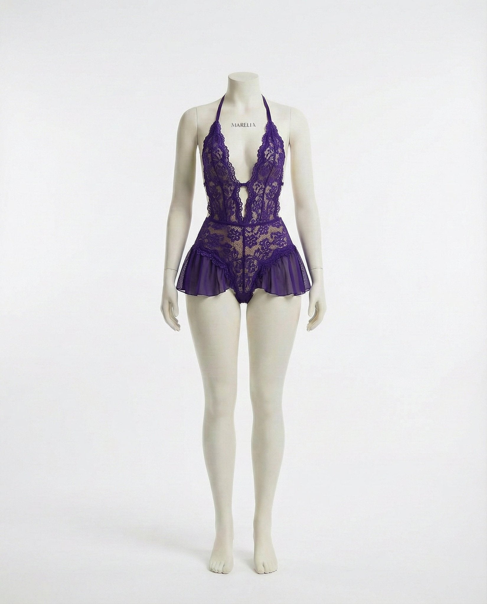 Purple Marelia - Lace Halter Teddy With Ruffle Skirt