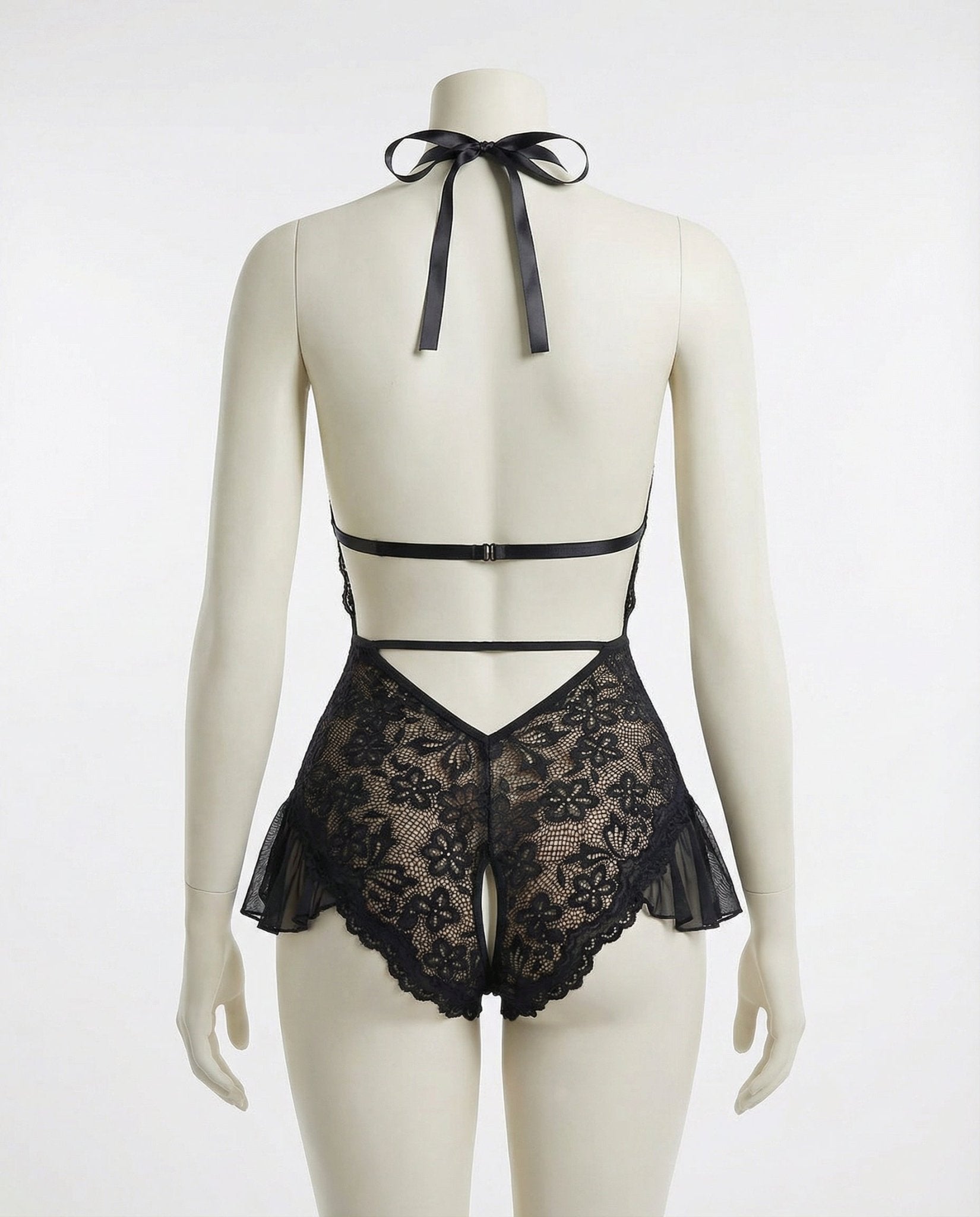 Black Marelia - Lace Halter Teddy With Ruffle Skirt