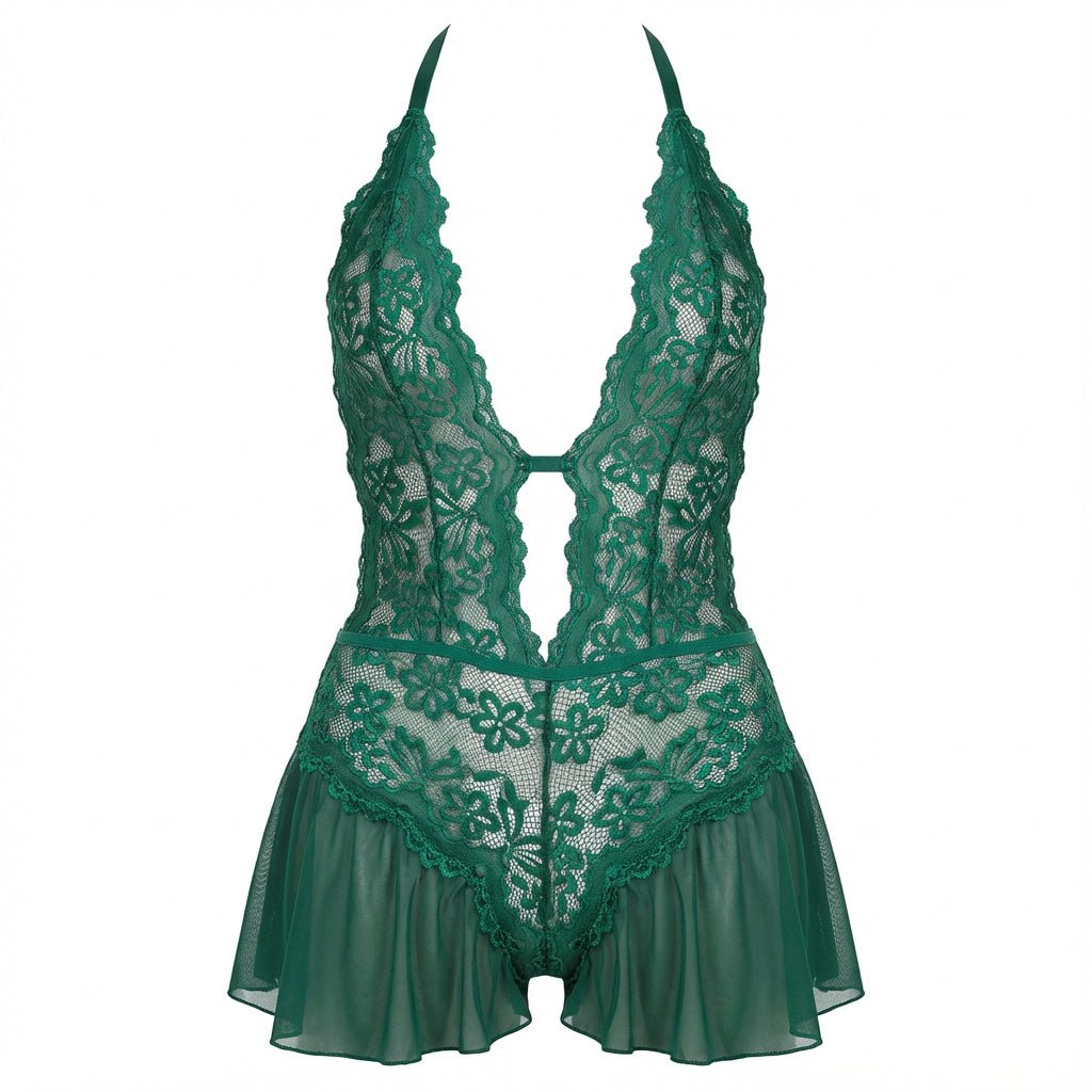 Green Marelia - Lace Halter Teddy With Ruffle Skirt