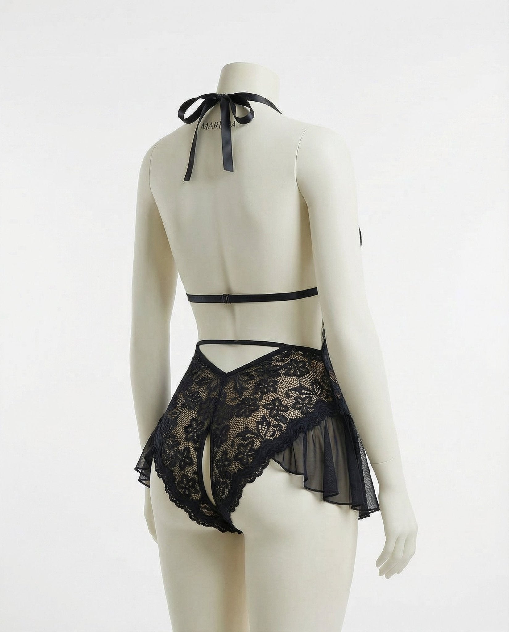 Black Marelia - Lace Halter Teddy With Ruffle Skirt