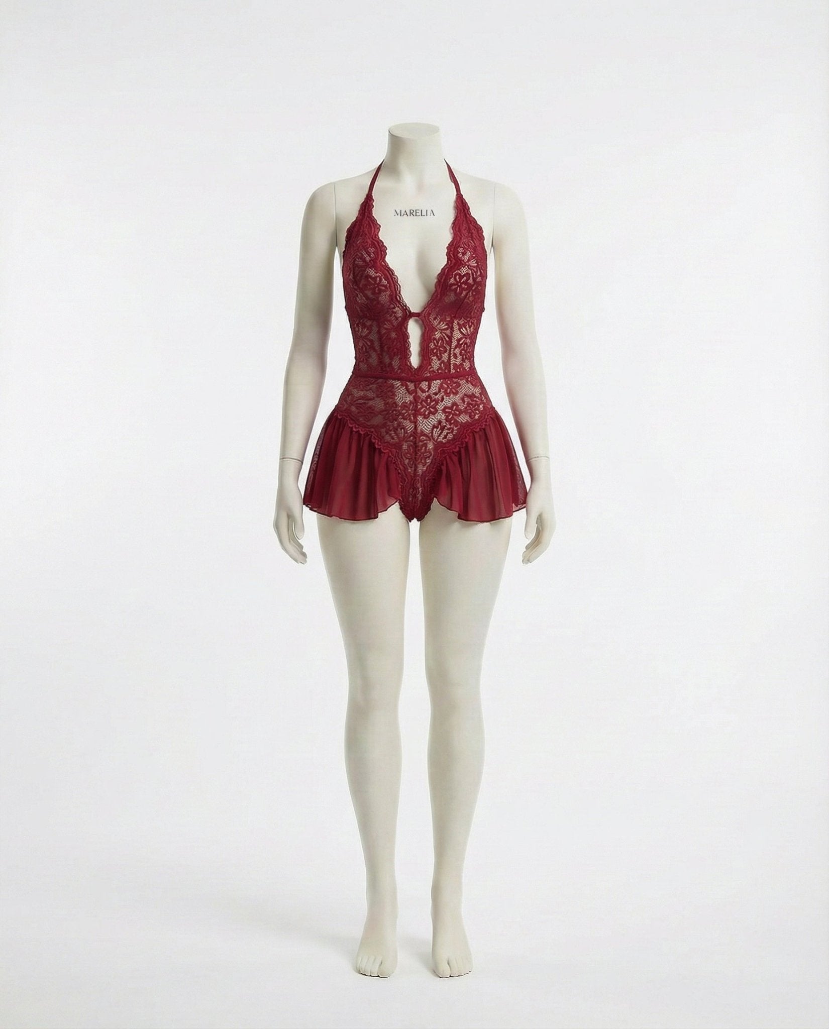 Burgundy Marelia - Lace Halter Teddy With Ruffle Skirt