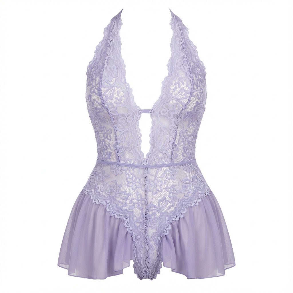 Lilac Marelia - Lace Halter Teddy With Ruffle Skirt