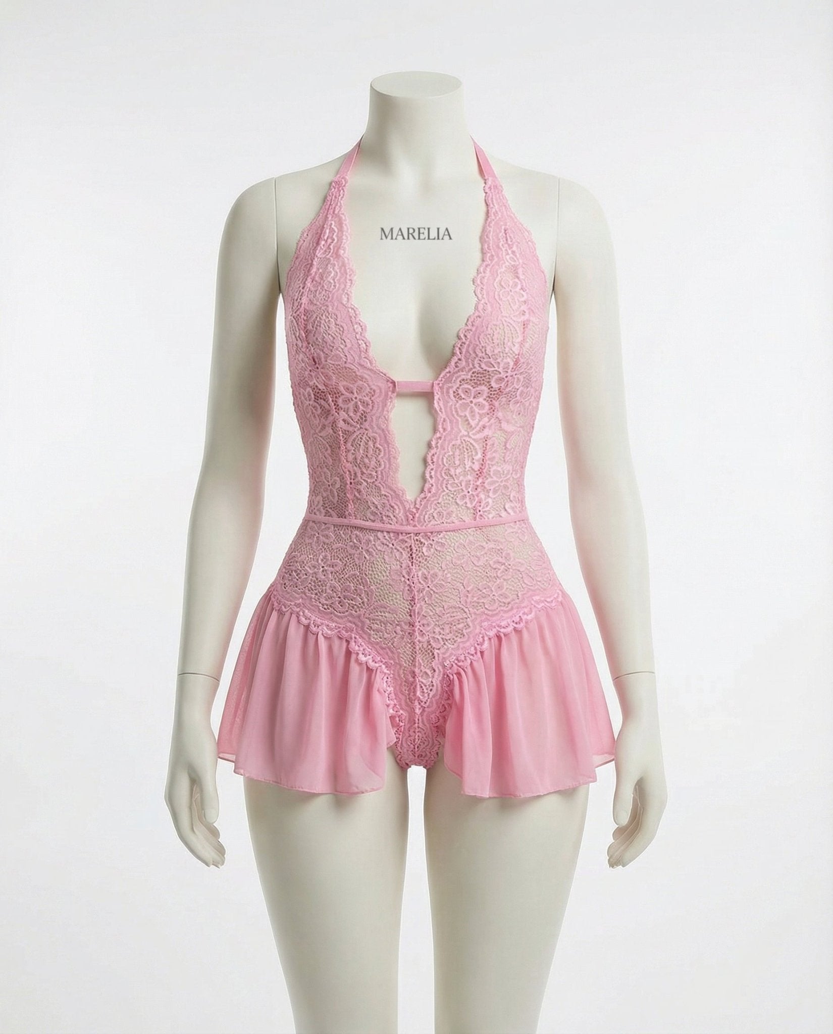Pink Marelia - Lace Halter Teddy With Ruffle Skirt