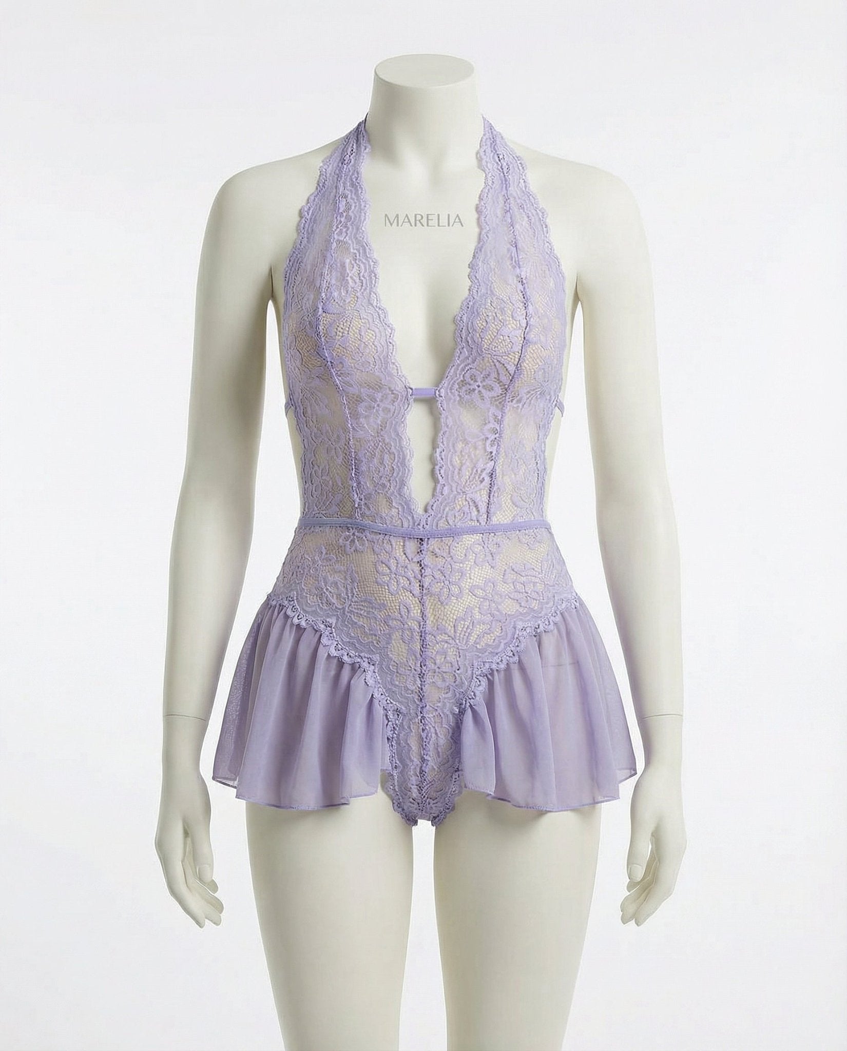 Lilac Marelia - Lace Halter Teddy With Ruffle Skirt