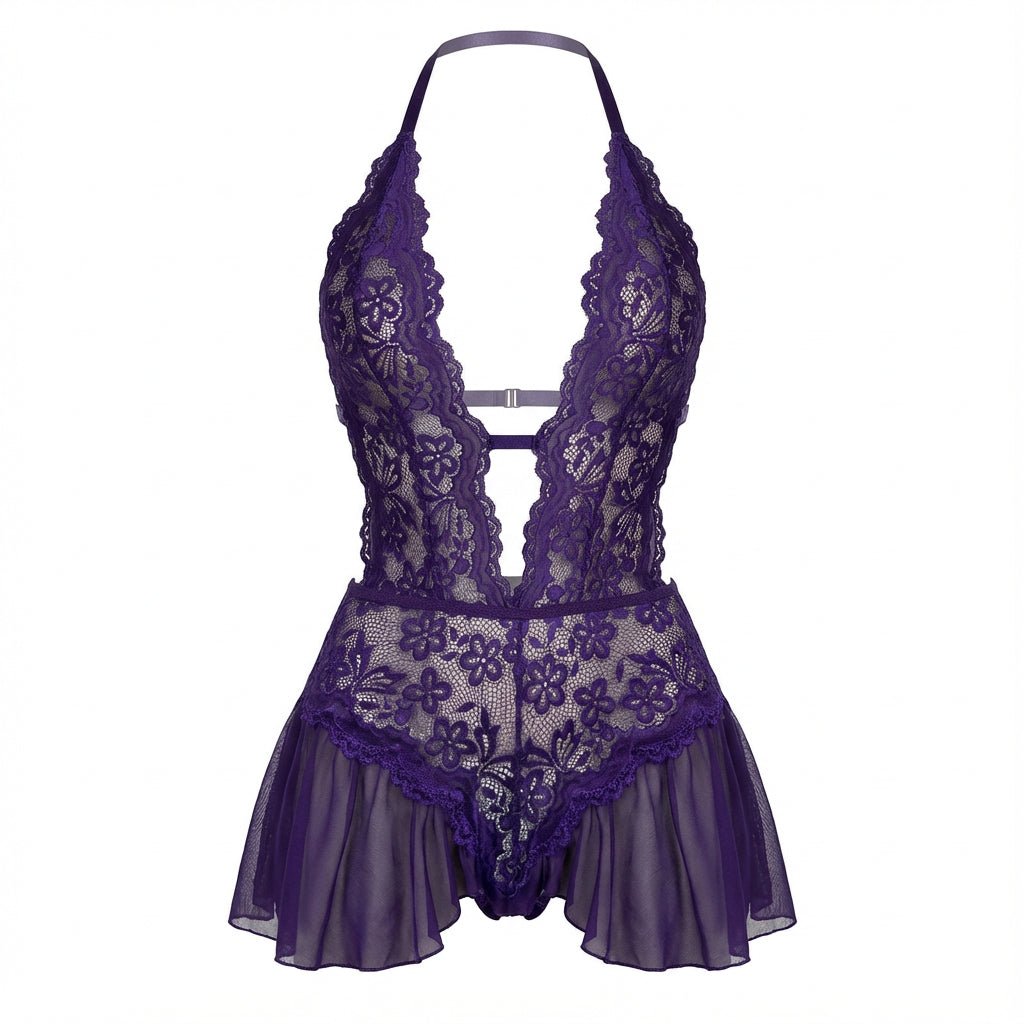 Purple Marelia - Lace Halter Teddy With Ruffle Skirt