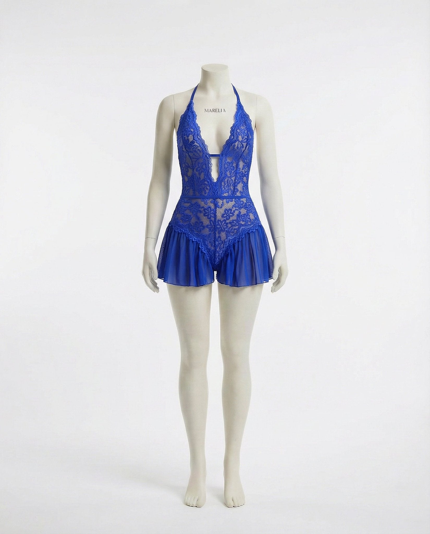 Blue Marelia - Lace Halter Teddy With Ruffle Skirt