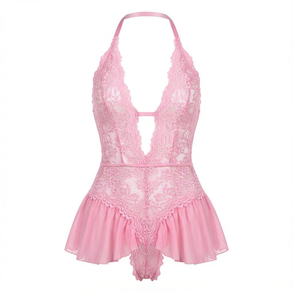 Pink Marelia - Lace Halter Teddy With Ruffle Skirt