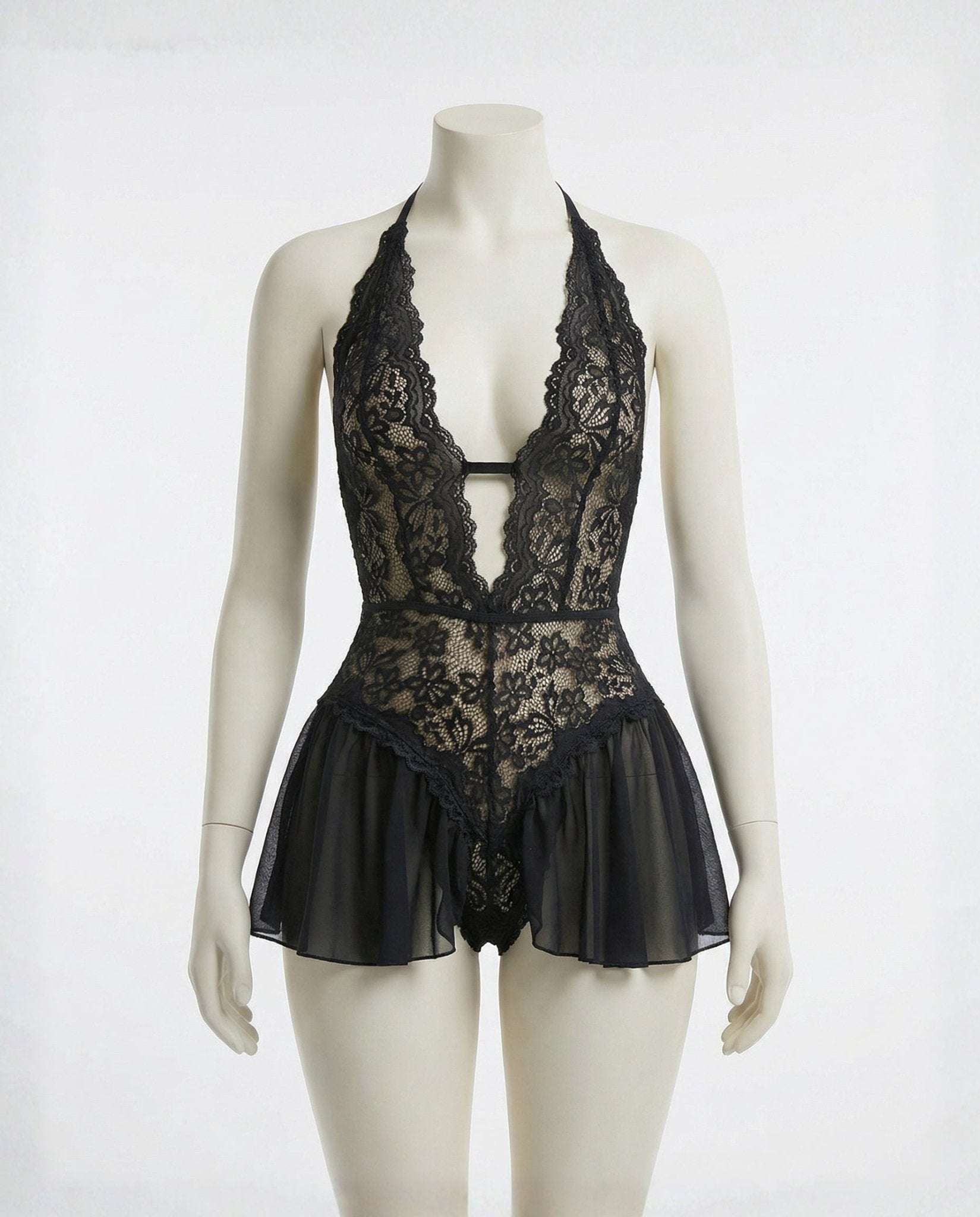 Black Marelia - Lace Halter Teddy With Ruffle Skirt