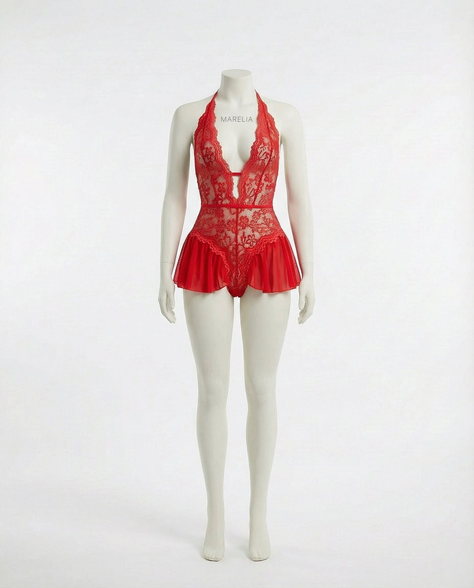 Red Marelia - Lace Halter Teddy With Ruffle Skirt