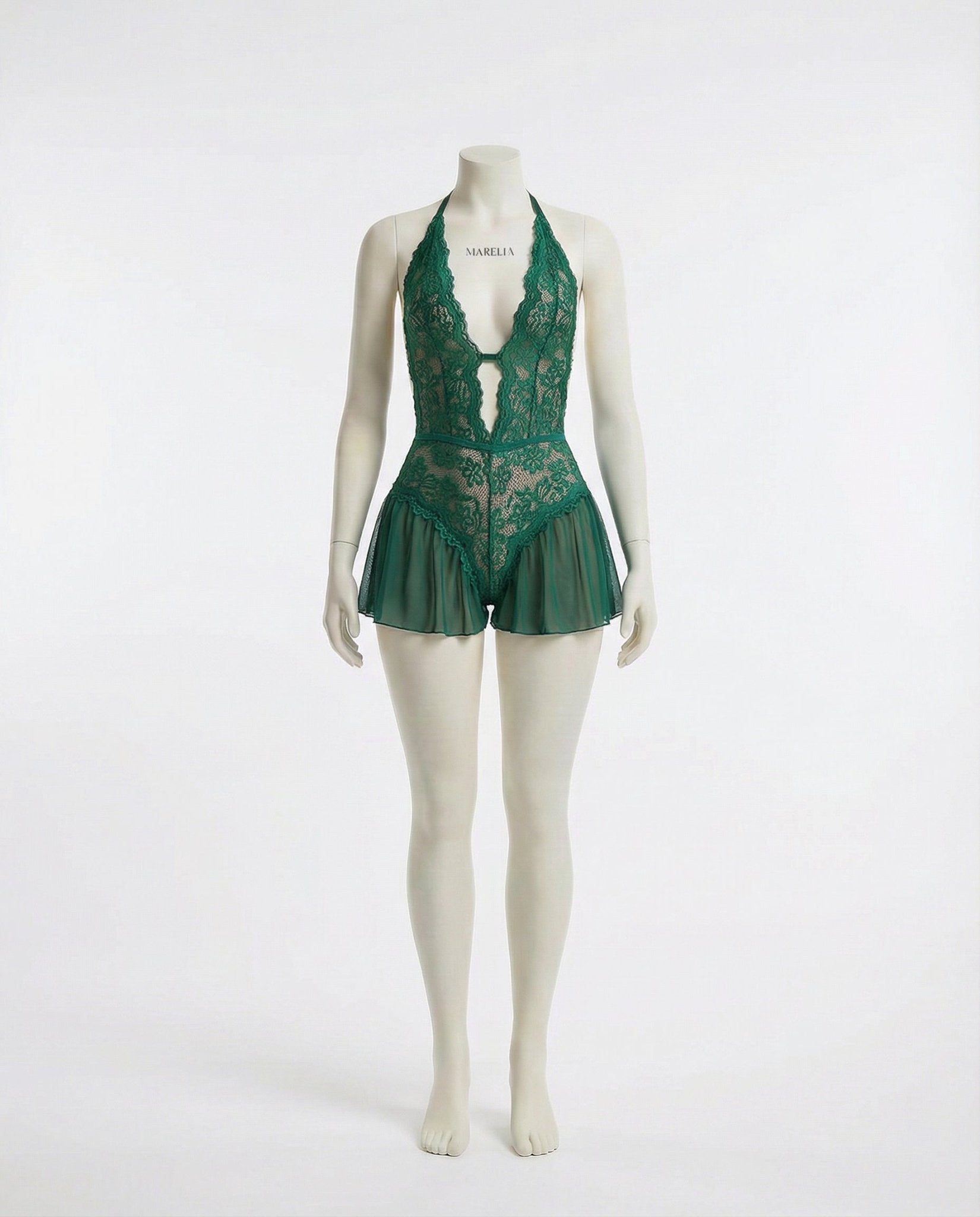 Green Marelia - Lace Halter Teddy With Ruffle Skirt