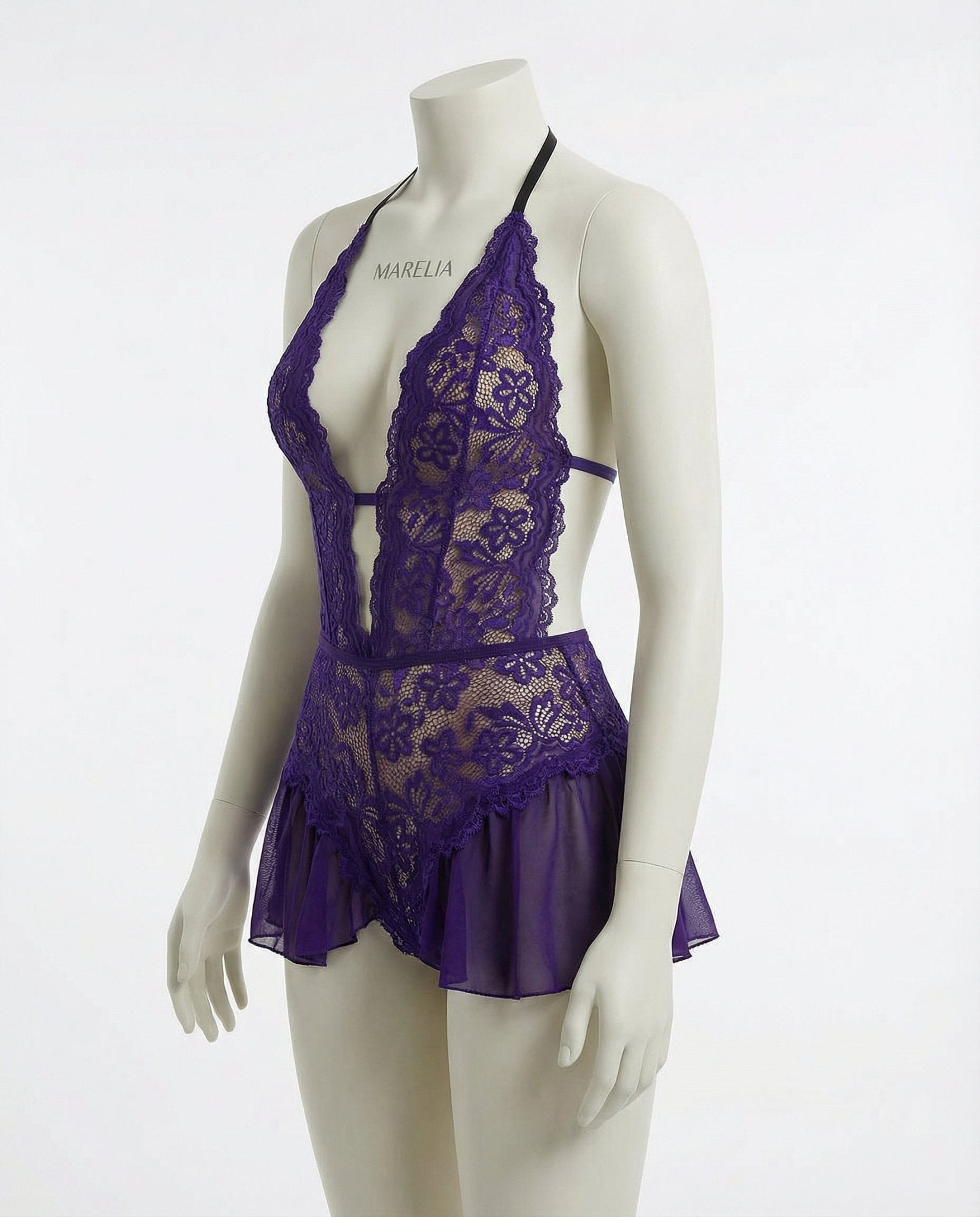 Purple Marelia - Lace Halter Teddy With Ruffle Skirt