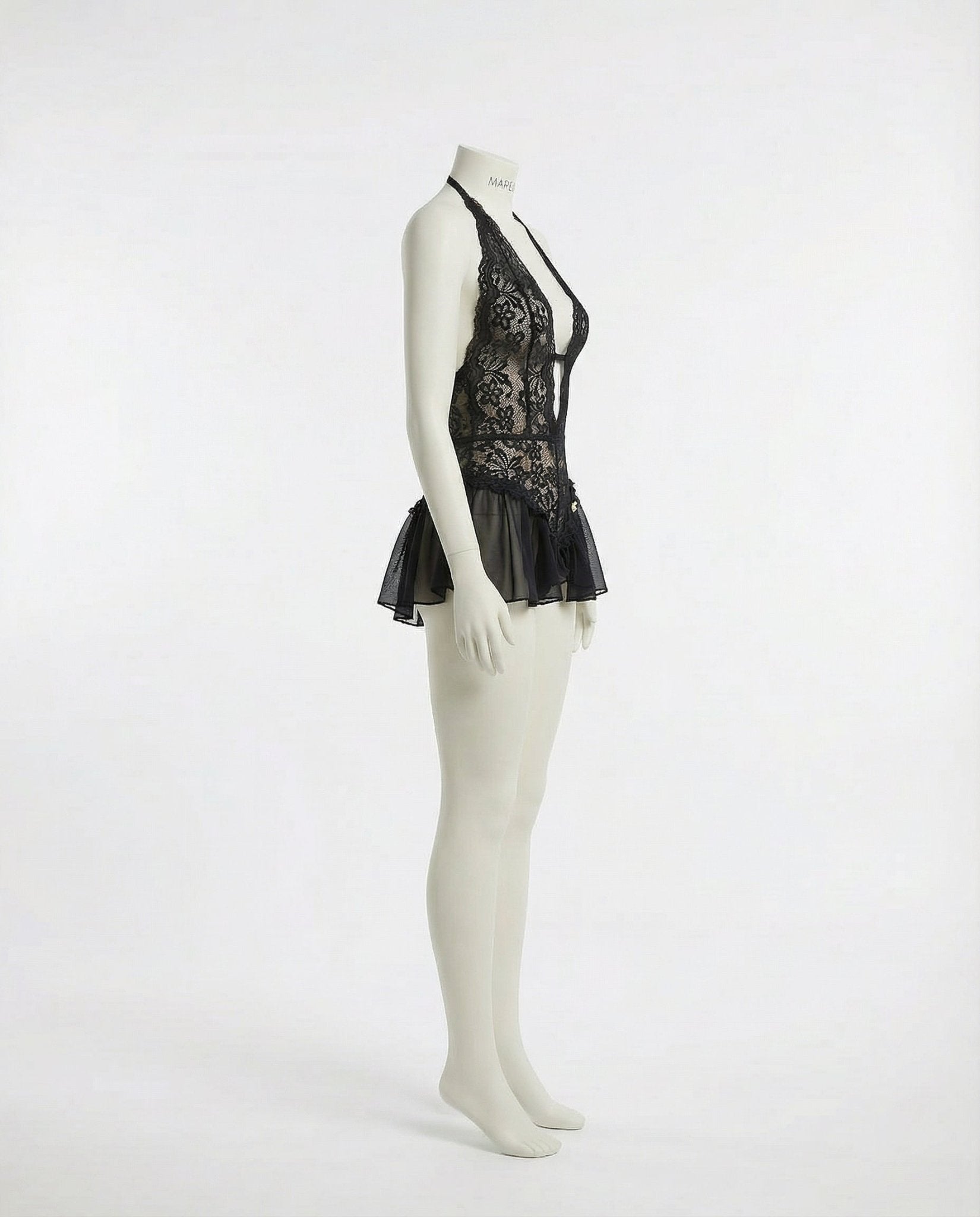 Black Marelia - Lace Halter Teddy With Ruffle Skirt