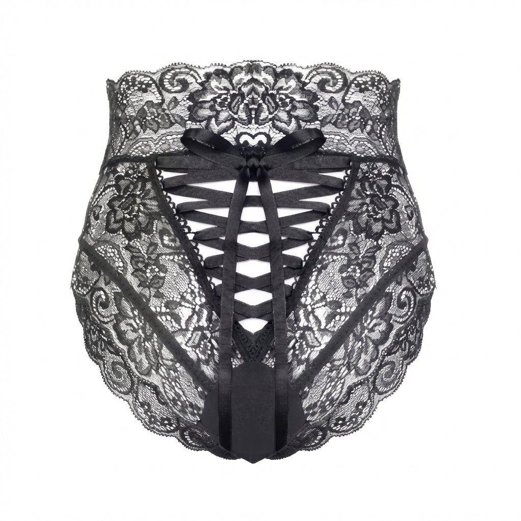Black Lace High Waist Brief With Lace-Up Back - Marelia
