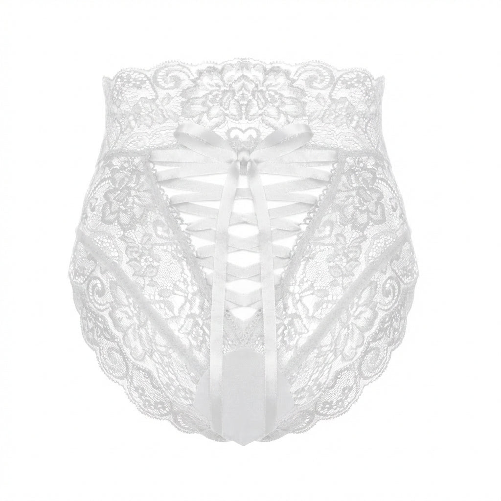 White Lace High Waist Brief With Lace-Up Back - Marelia