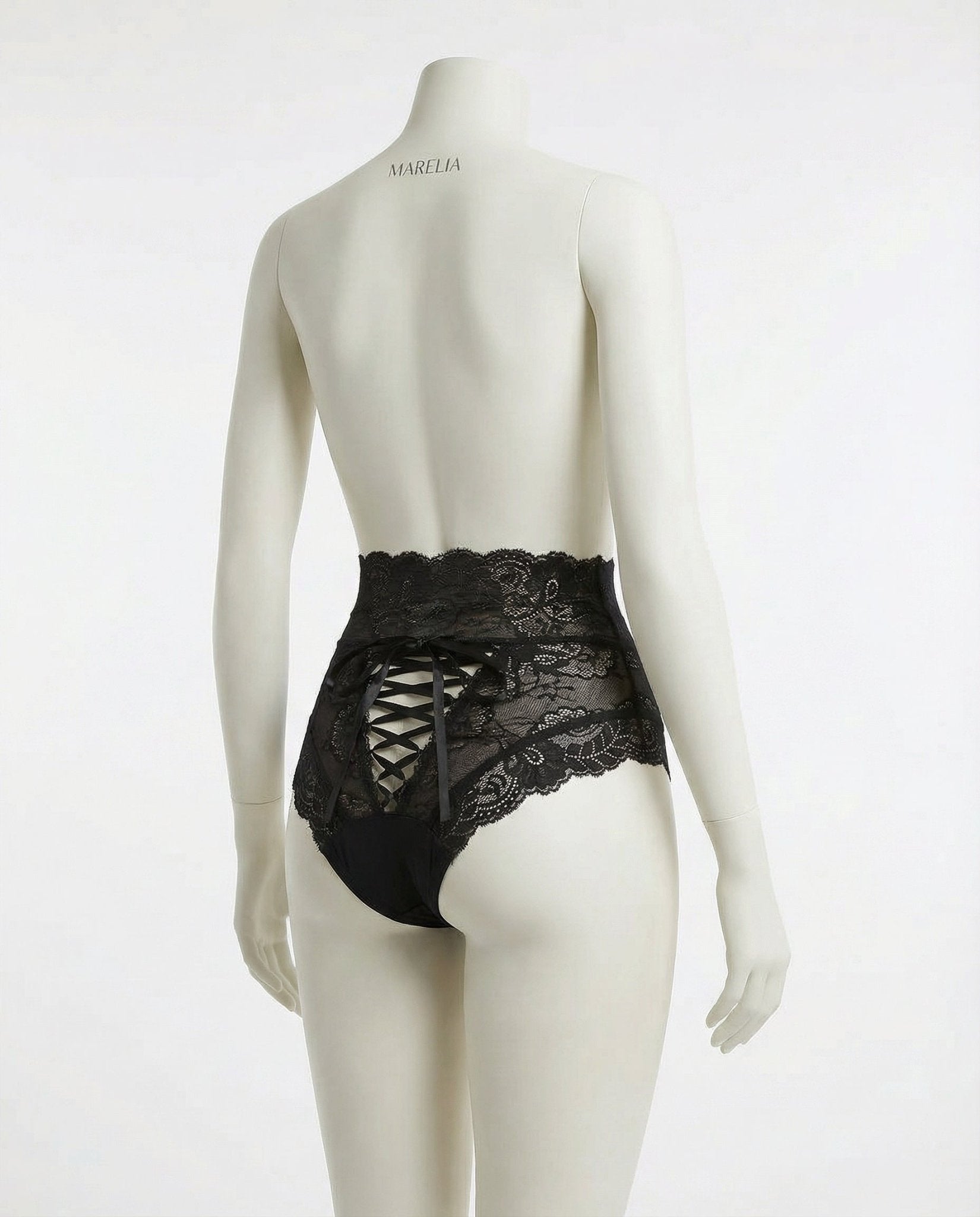 Black Lace High Waist Brief With Lace-Up Back - Marelia