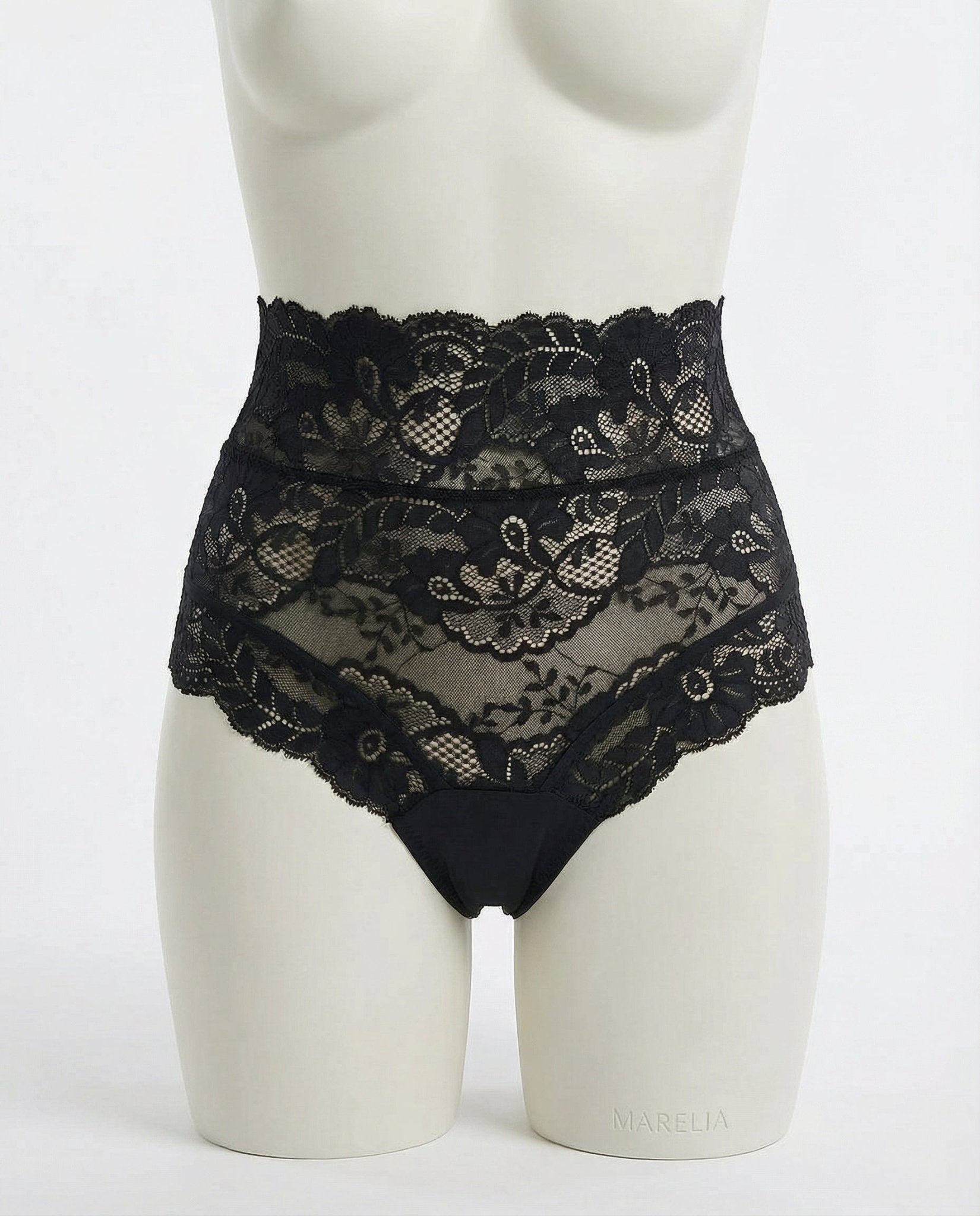 Black Lace High Waist Brief With Lace-Up Back - Marelia