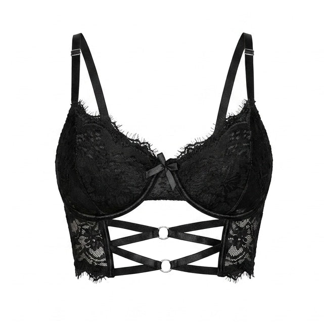 Black Lace Longline Bra With Strappy Detail - MARELIA