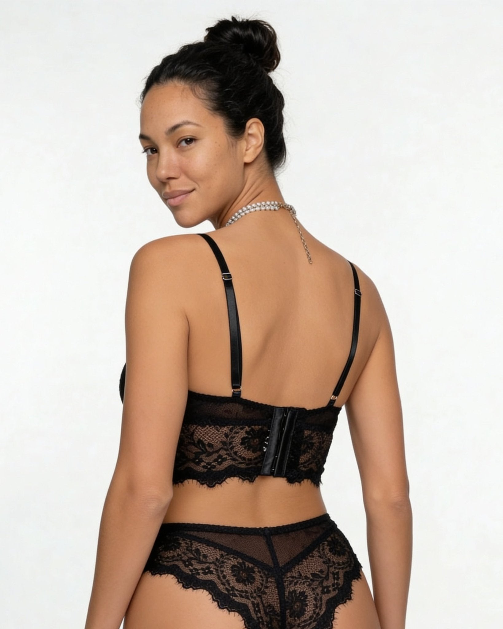 Black Lace Longline Bra With Strappy Detail - MARELIA