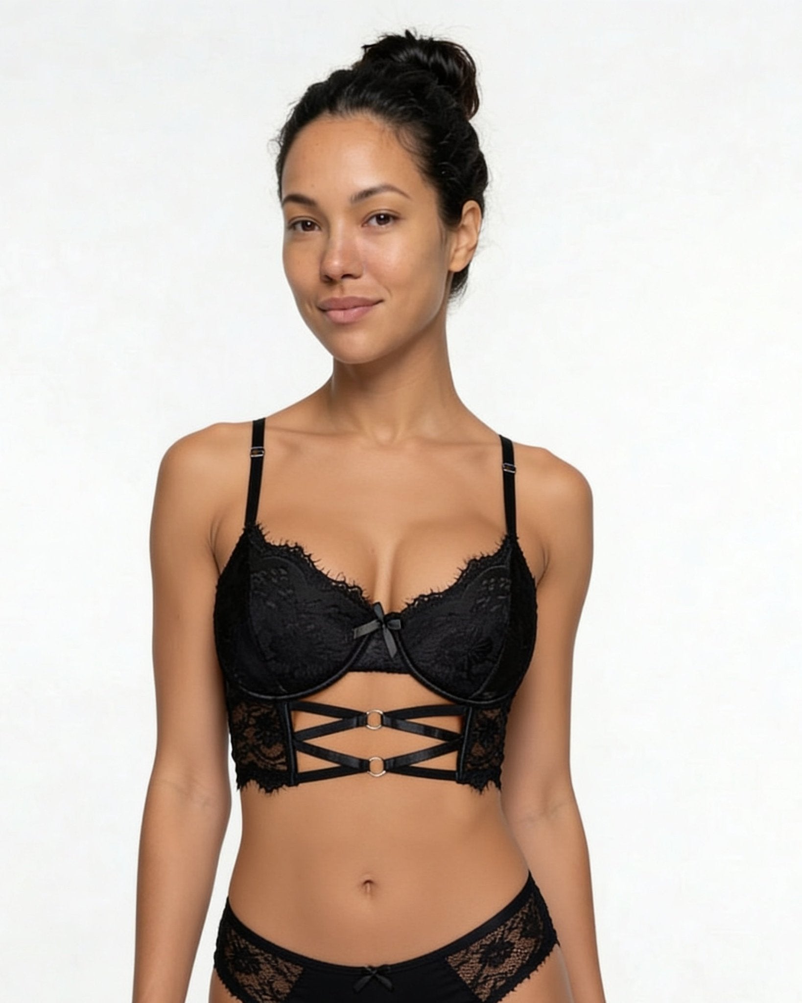 Black Lace Longline Bra With Strappy Detail - MARELIA