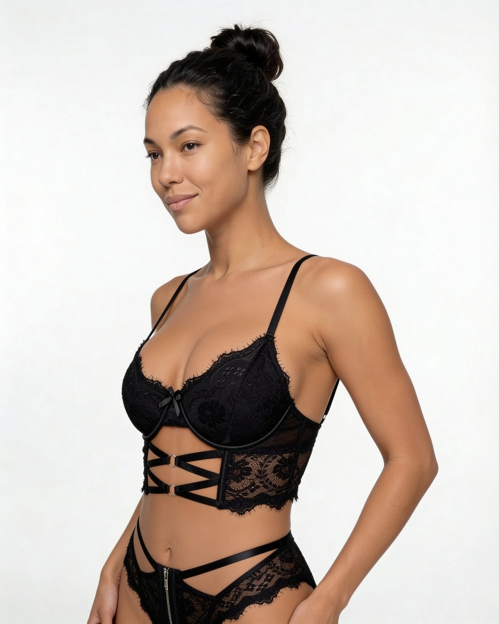 Black Lace Longline Bra With Strappy Detail - MARELIA