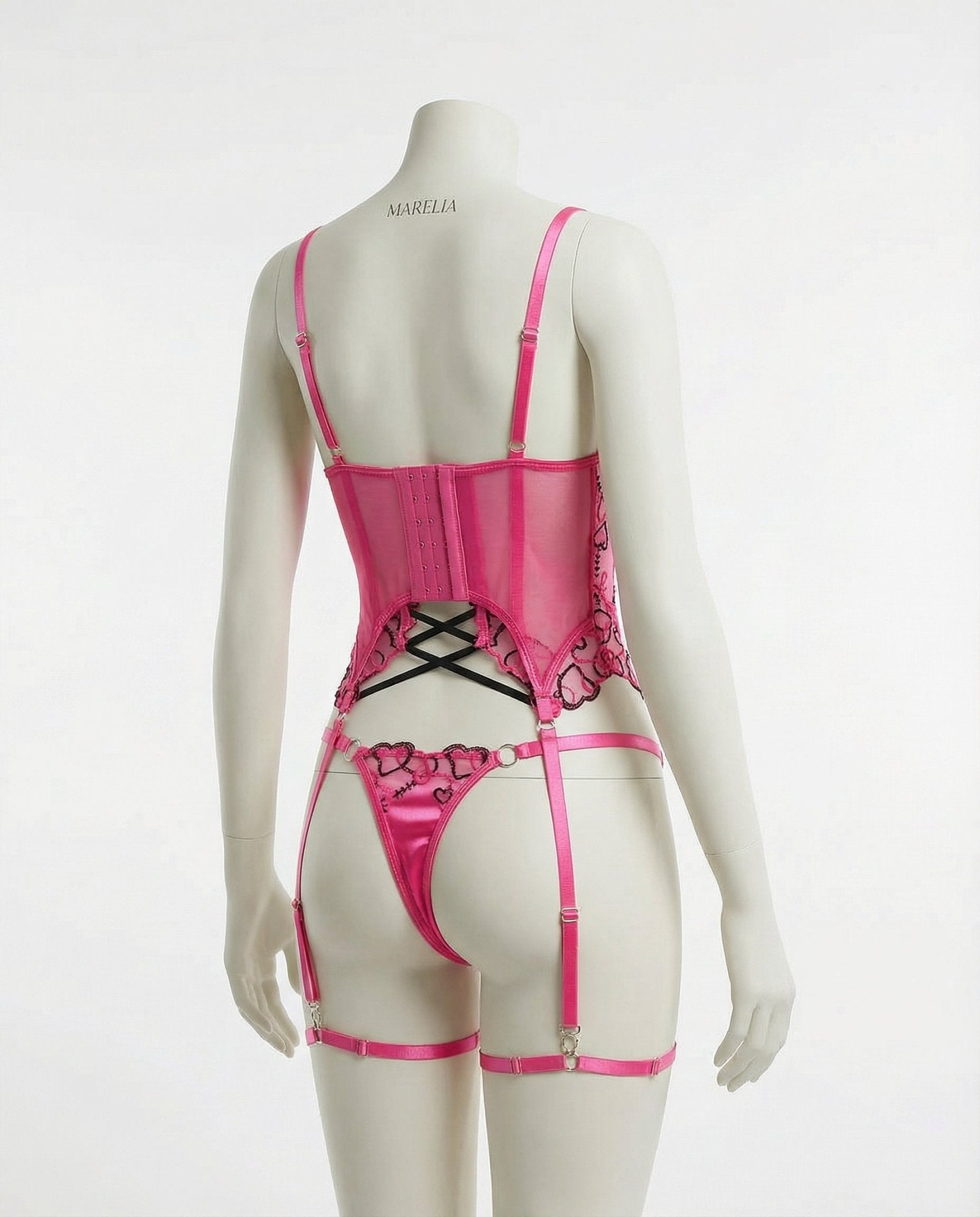 Pink Lace Overlay Corset With Garter Straps - Marelia