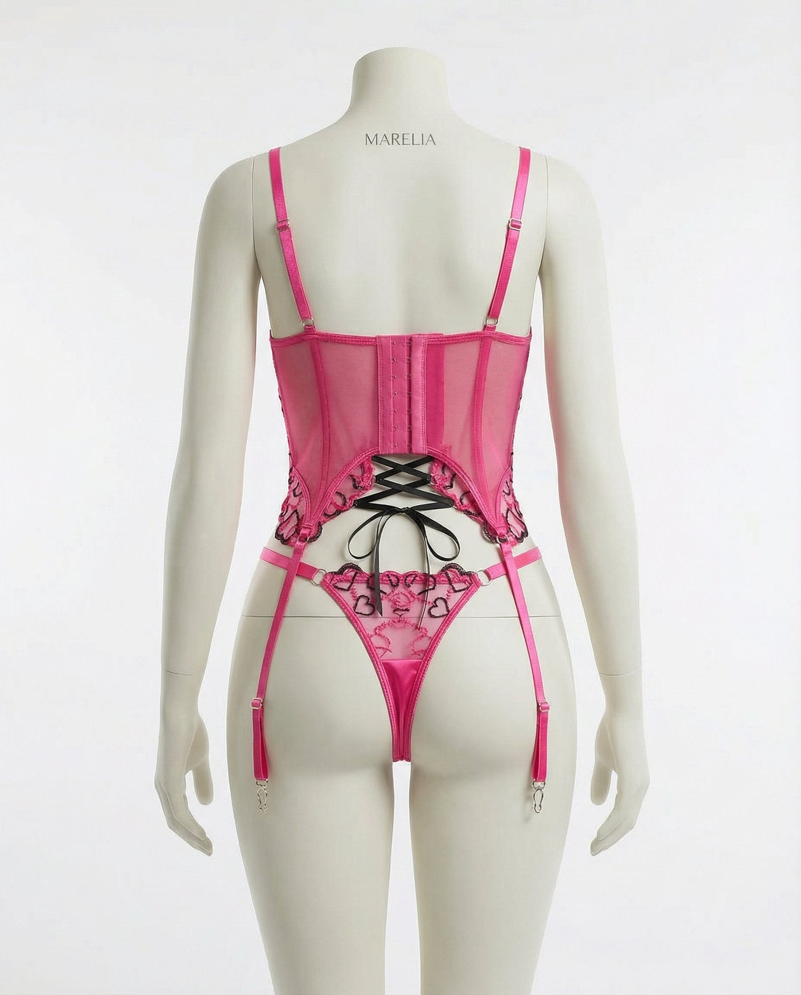Pink Lace Overlay Corset With Garter Straps - Marelia
