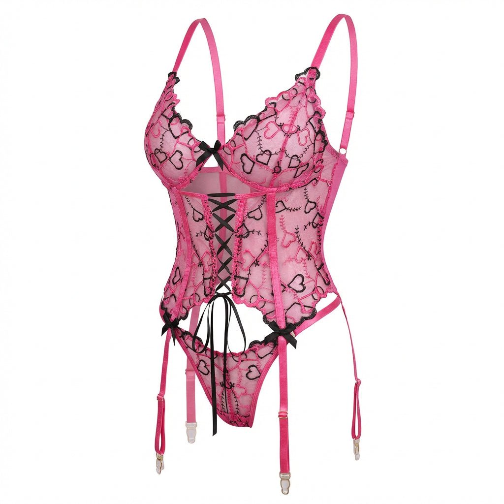 Pink Lace Overlay Corset With Garter Straps - Marelia