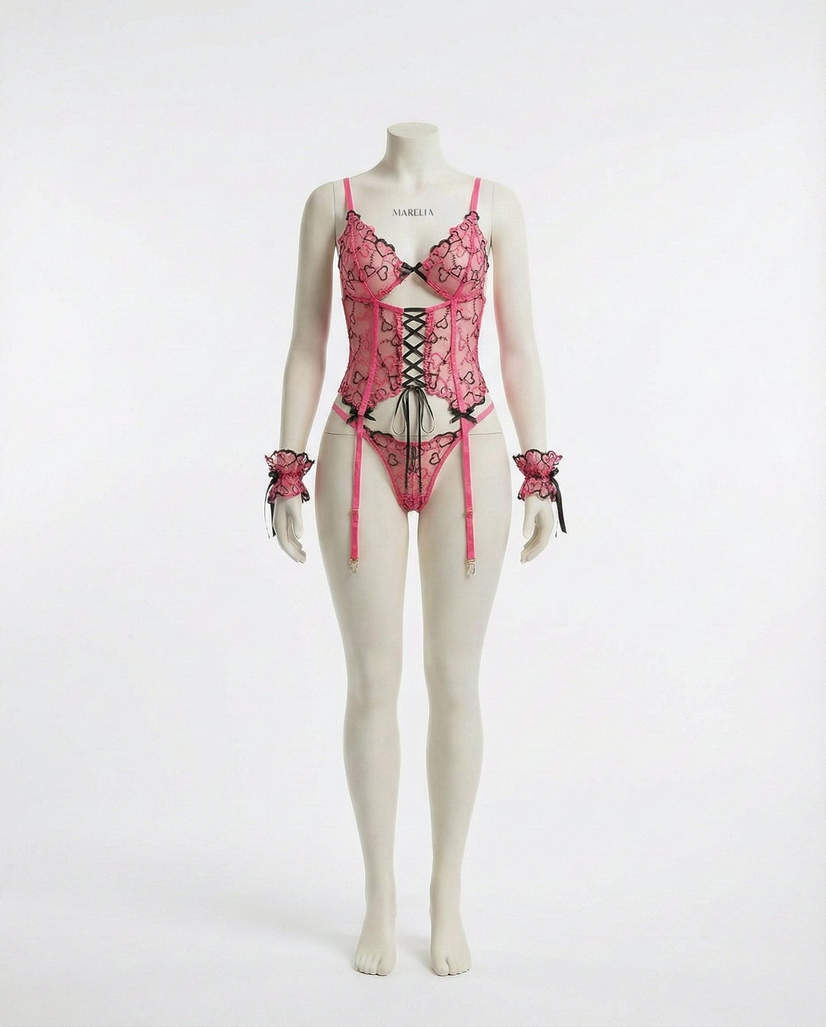 Pink Lace Overlay Corset With Garter Straps - Marelia