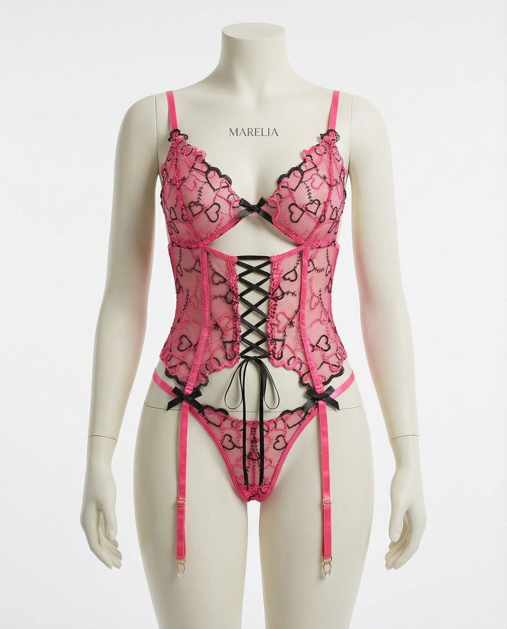 Pink Lace Overlay Corset With Garter Straps - Marelia
