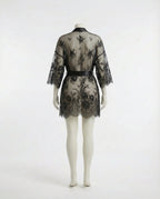 Black Lace Robe With Satin Belt And G-String - Marelia