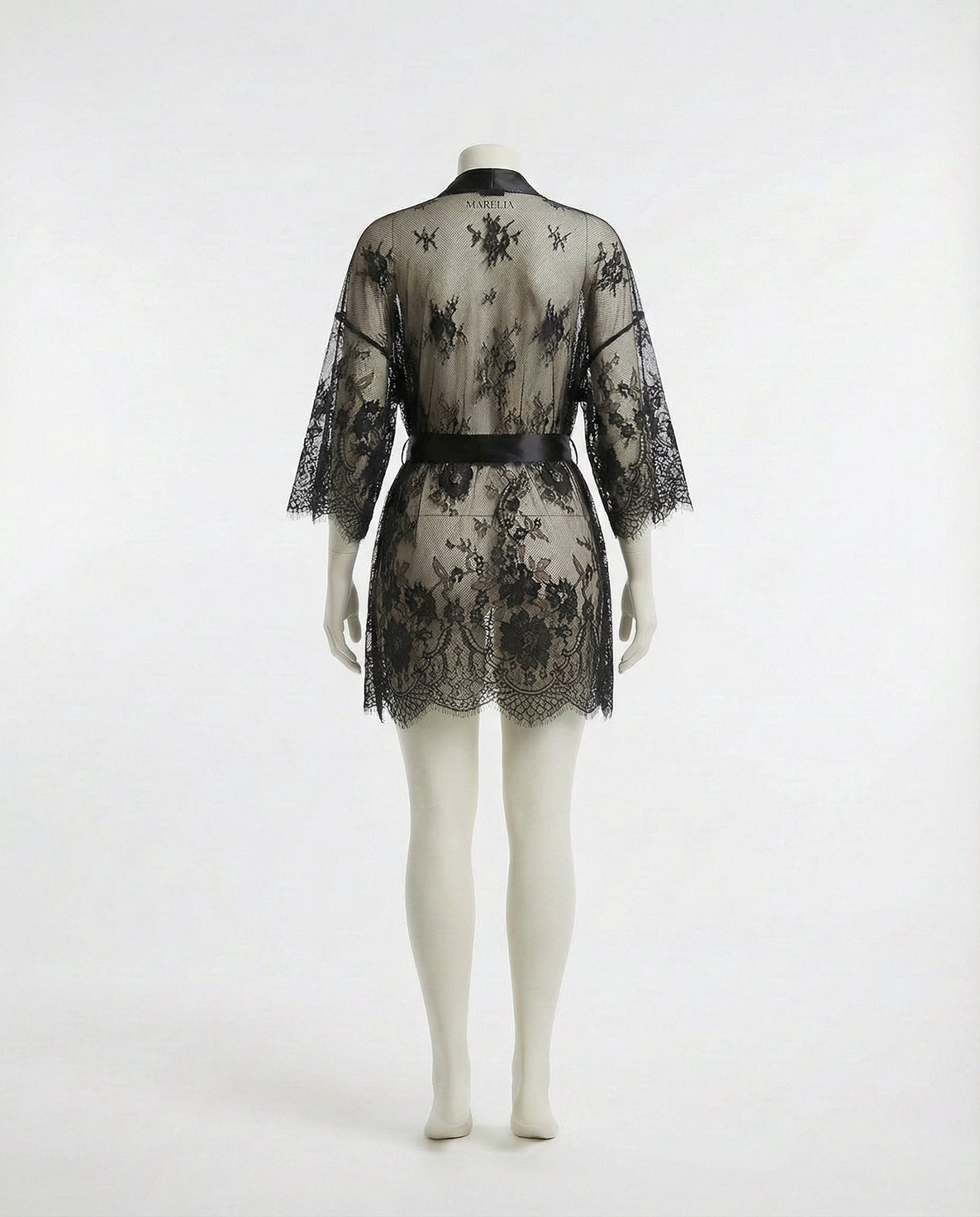 Black Lace Robe With Satin Belt And G-String - Marelia