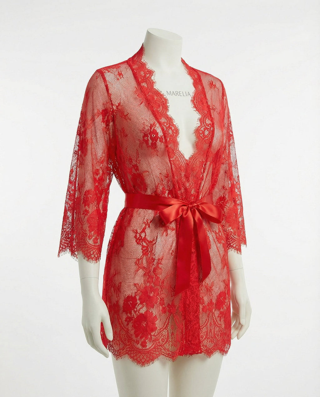 Red Lace Robe With Satin Belt And G-String - Marelia