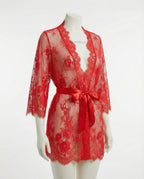 Red Lace Robe With Satin Belt And G-String - Marelia