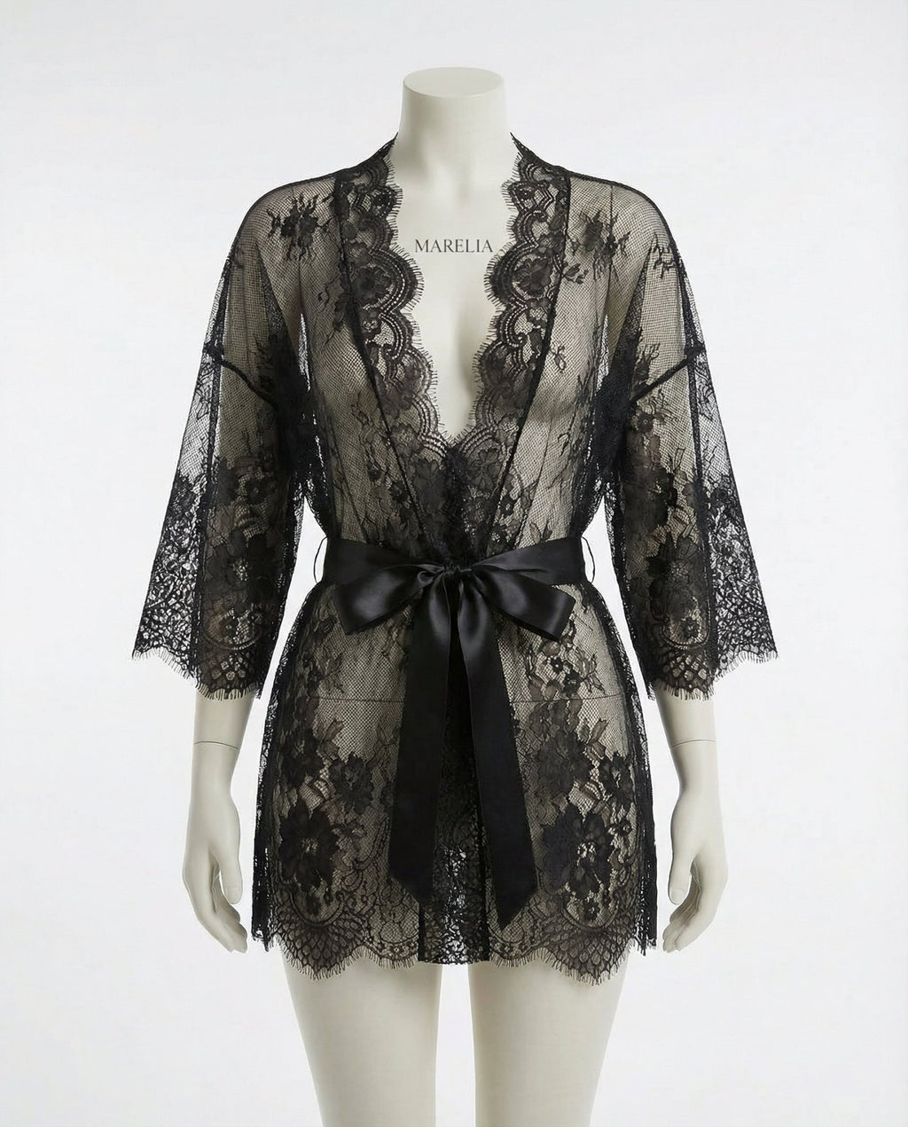 Black Lace Robe With Satin Belt And G-String - Marelia