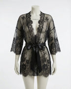 Black Lace Robe With Satin Belt And G-String - Marelia