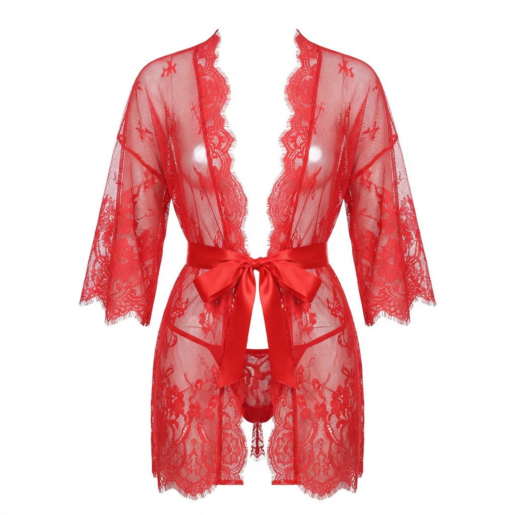 Red Lace Robe With Satin Belt And G-String - Marelia