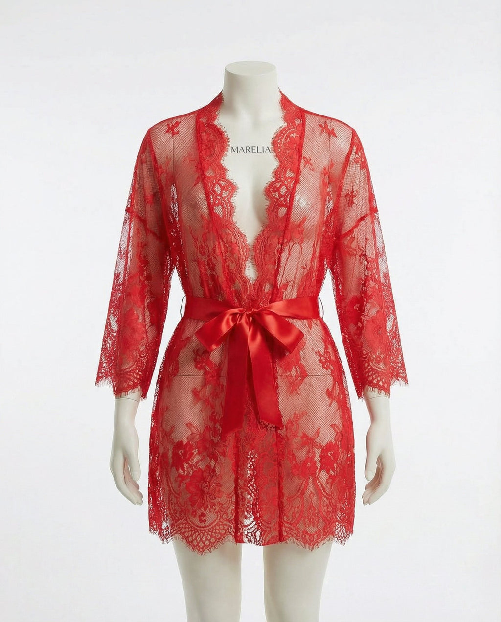 Red Lace Robe With Satin Belt And G-String - Marelia