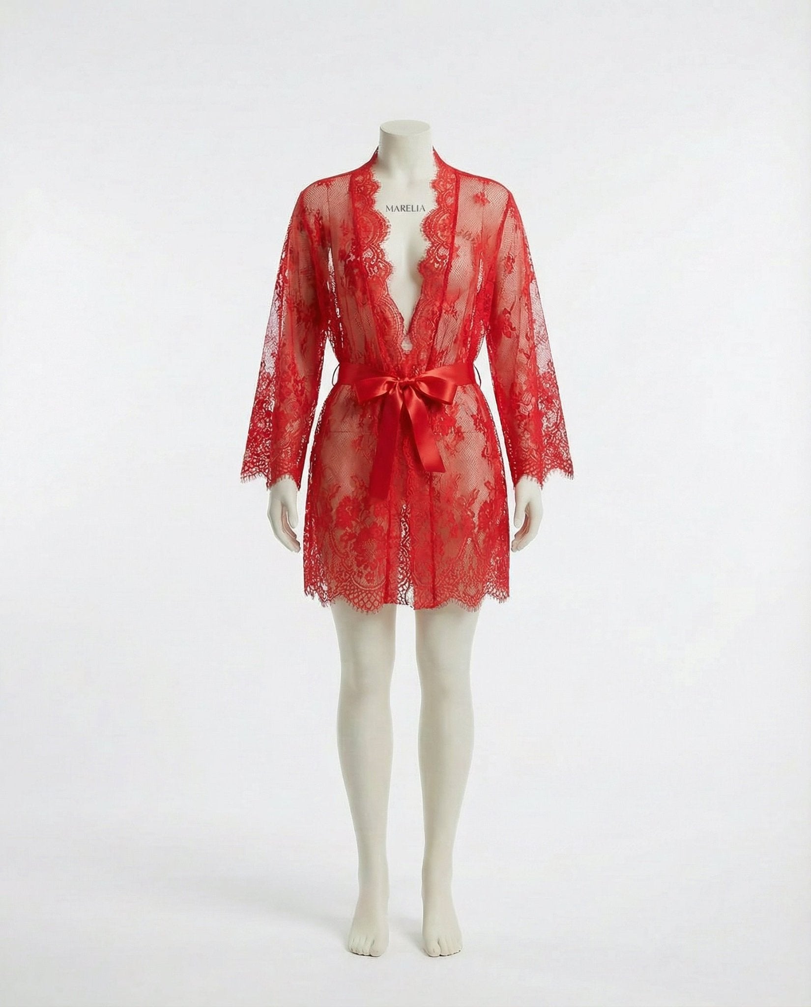 Red Lace Robe With Satin Belt And G-String - Marelia