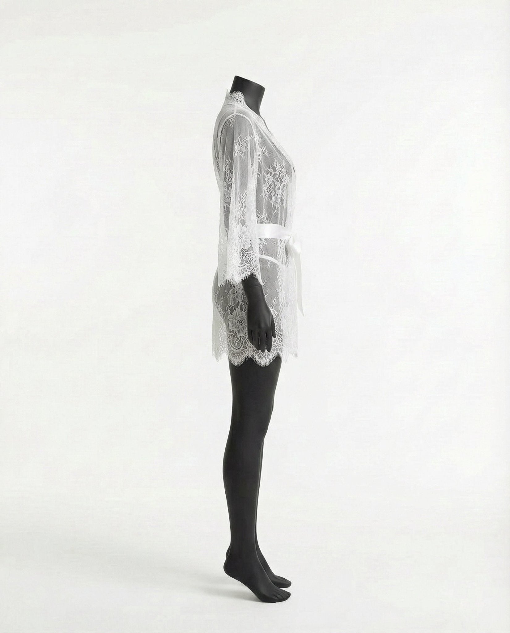 White Lace Robe With Satin Belt And G-String - Marelia